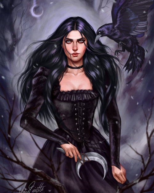 Artistic depiction of a woman with dark hair and a black dress, holding a crescent moon, with a raven perched on her shoulder.