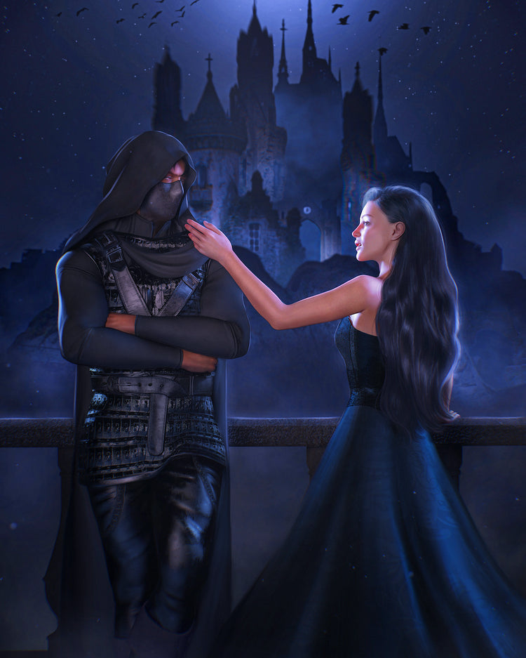 Two people in dark clothing with a castle in the background under a moonlit sky