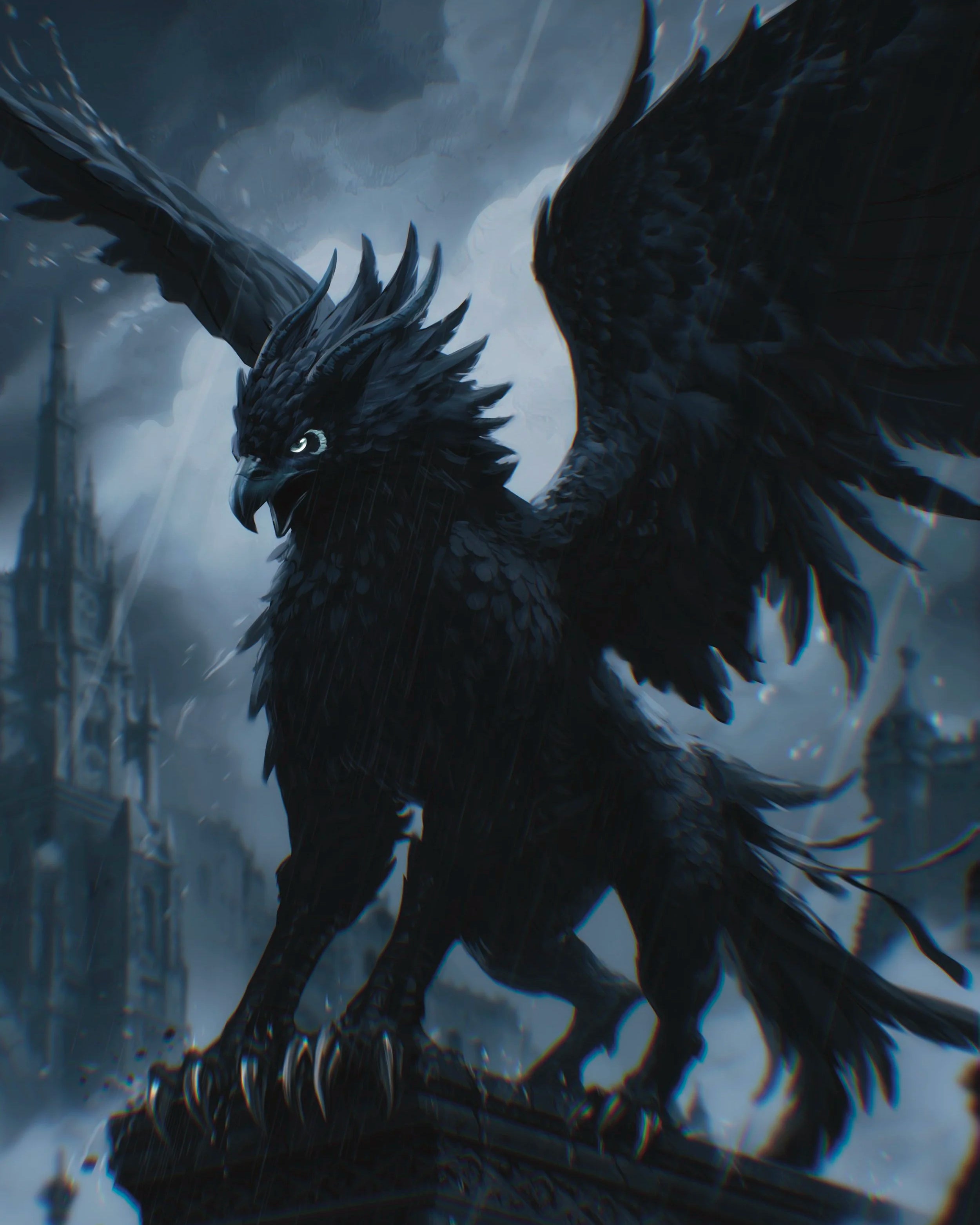 Dark fantasy creature with wings in a misty, gothic setting