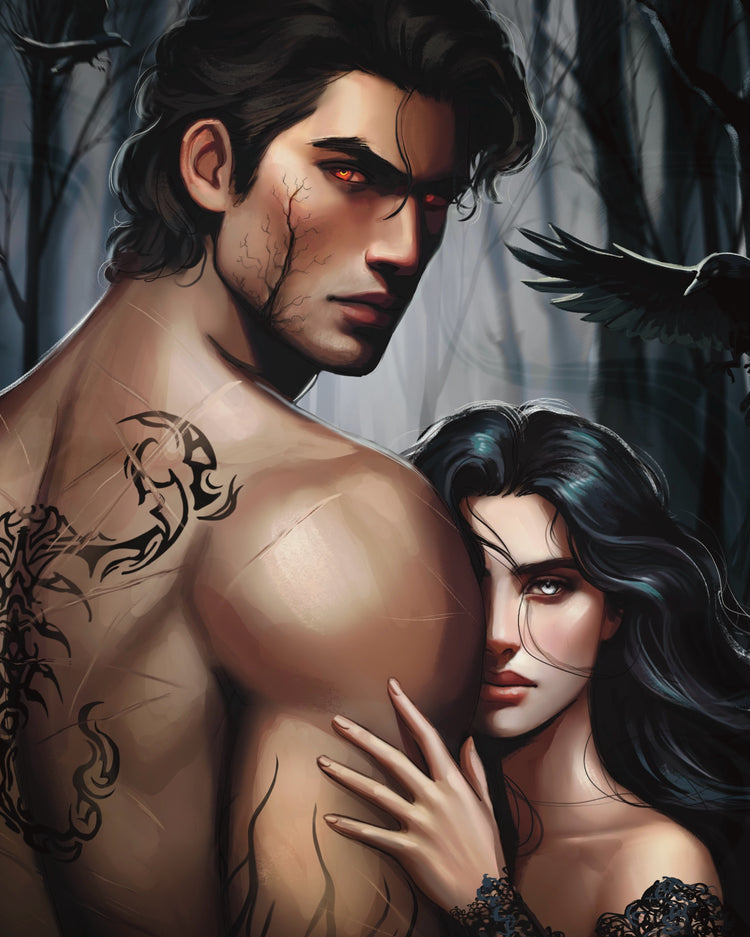 Artistic depiction of a man with tattoos and a woman in a dark setting