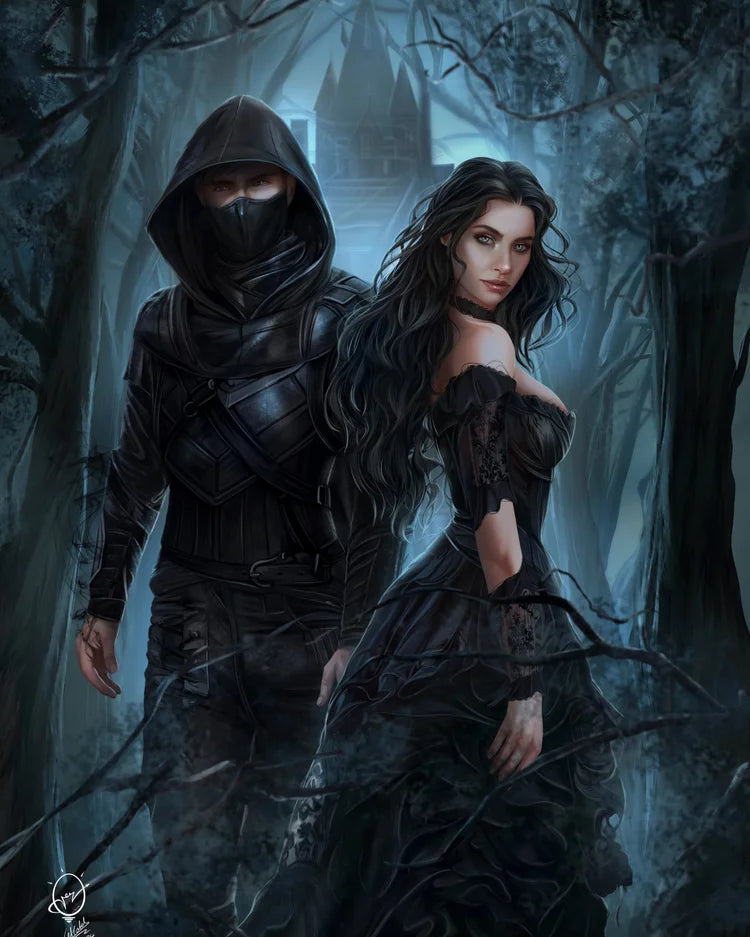 Two characters in dark, fantasy attire standing in a forest with a castle in the background.