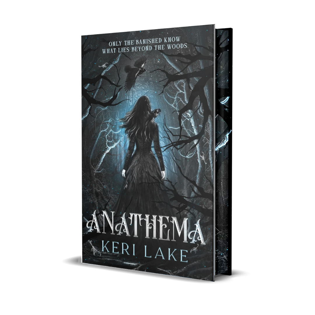 Book cover of 'Anathema' by Keri Lake with a dark forest scene and silhouette of a woman.