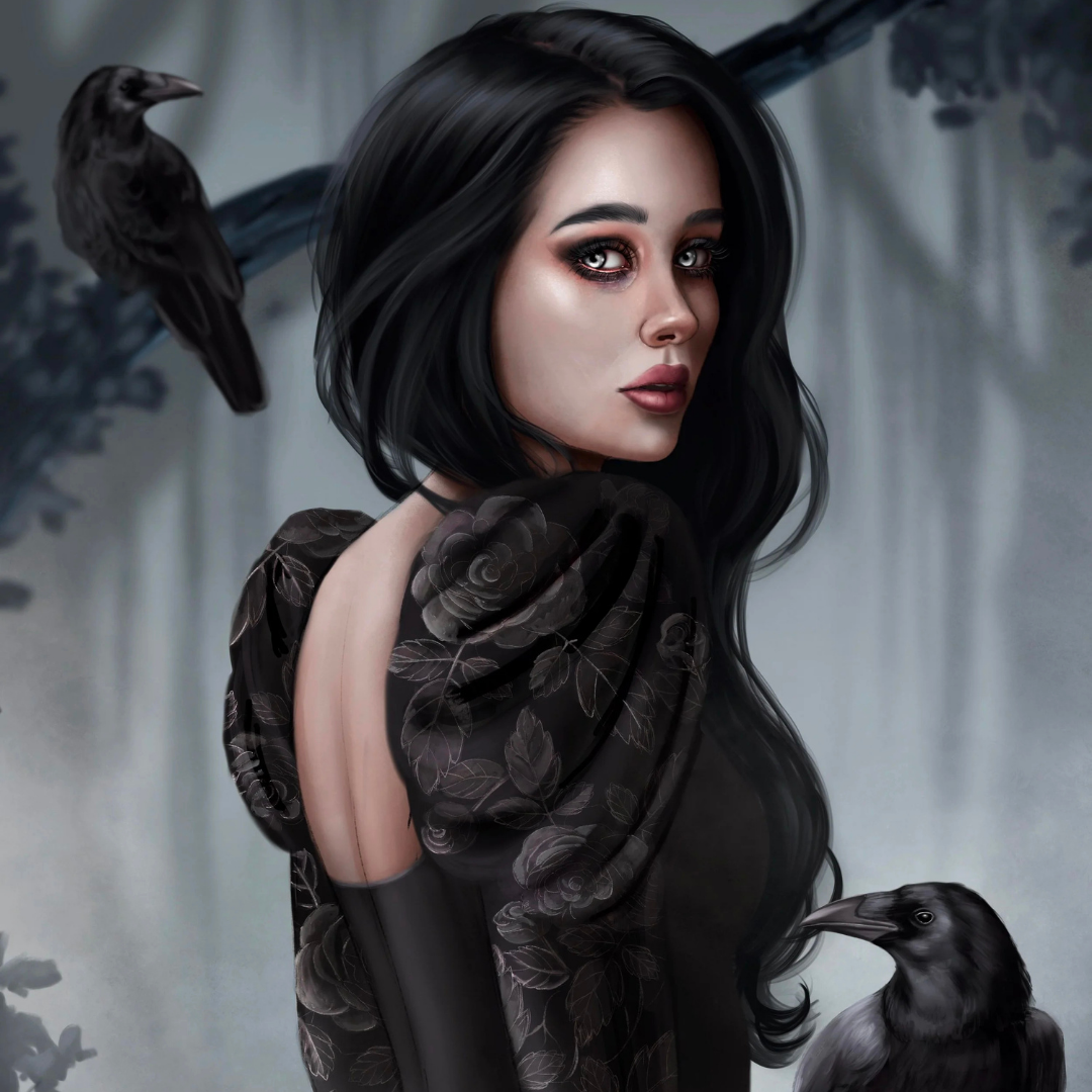 Woman with dark hair and clothing, surrounded by crows in a forest setting
