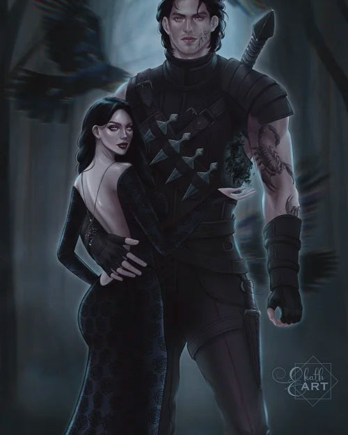 Artistic depiction of a man and woman in dark, possibly fantasy-themed attire with a blurred background.