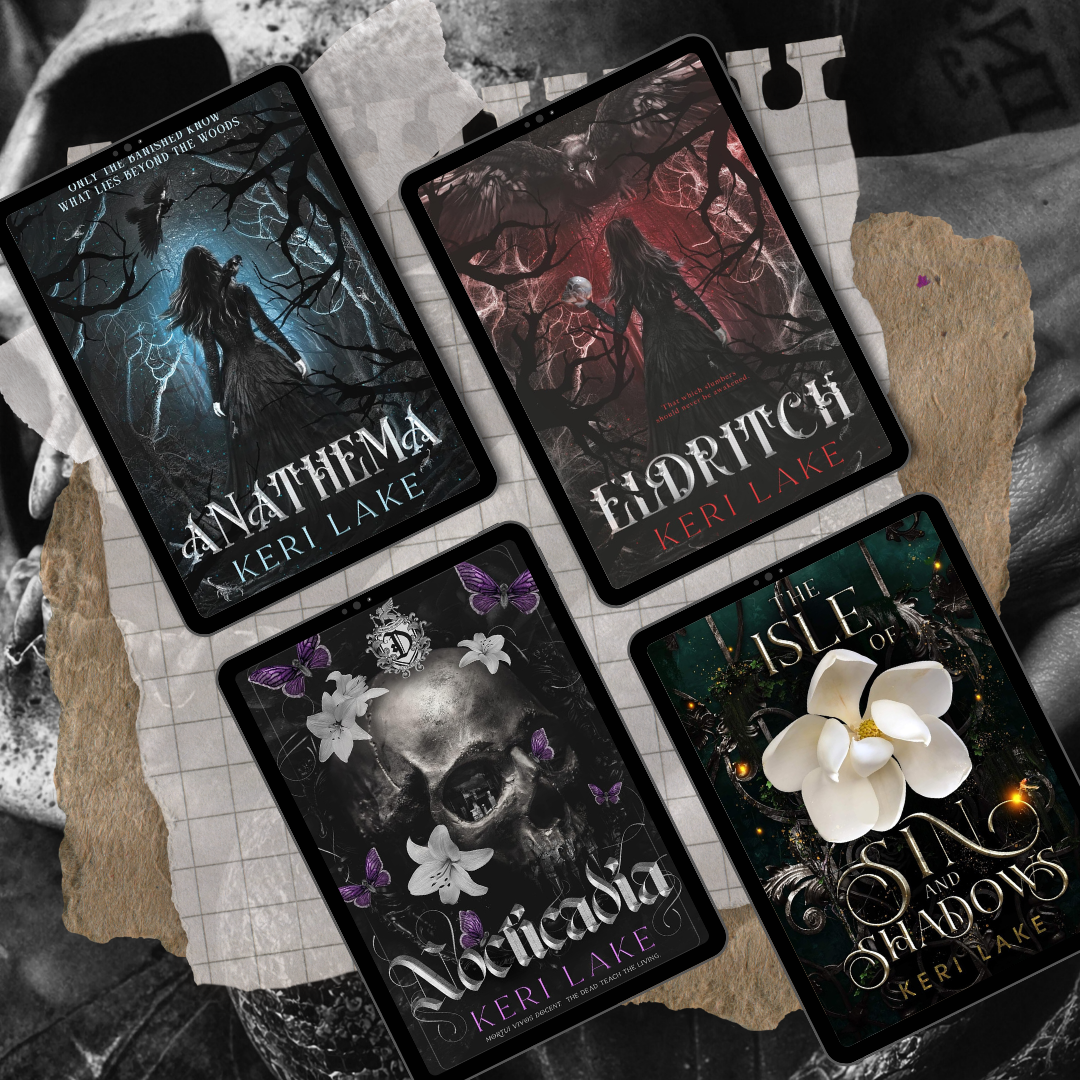 Four book covers by Keri Lake on a textured surface with a stone and fabric background.