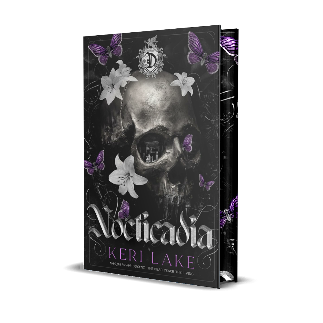 Book cover of 'Nocticudia' by Keri Lake with skull, flowers, and butterflies on a black background.