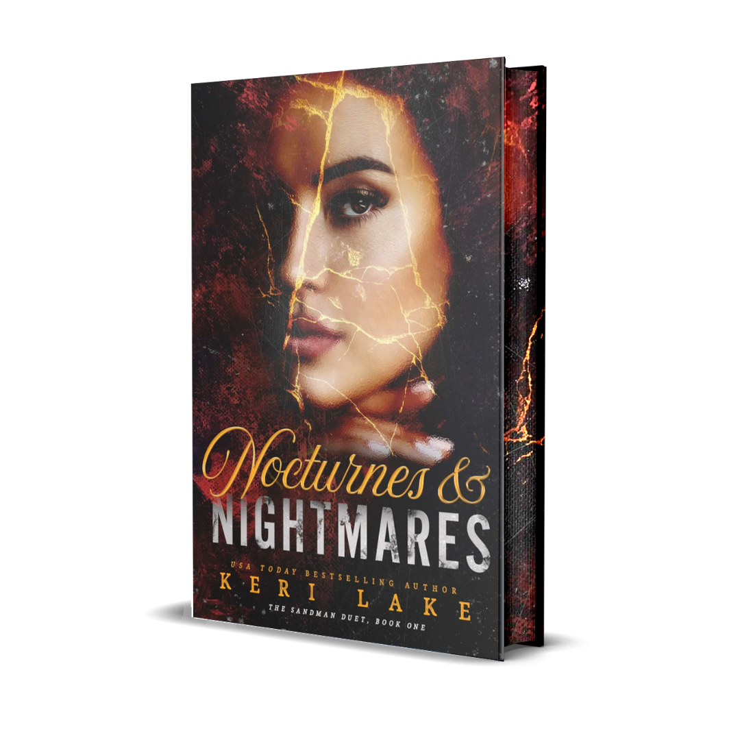 Book cover of 'Nocturnes & Nightmares' by Keri Lake with a woman's face and glowing eyes on a dark background.