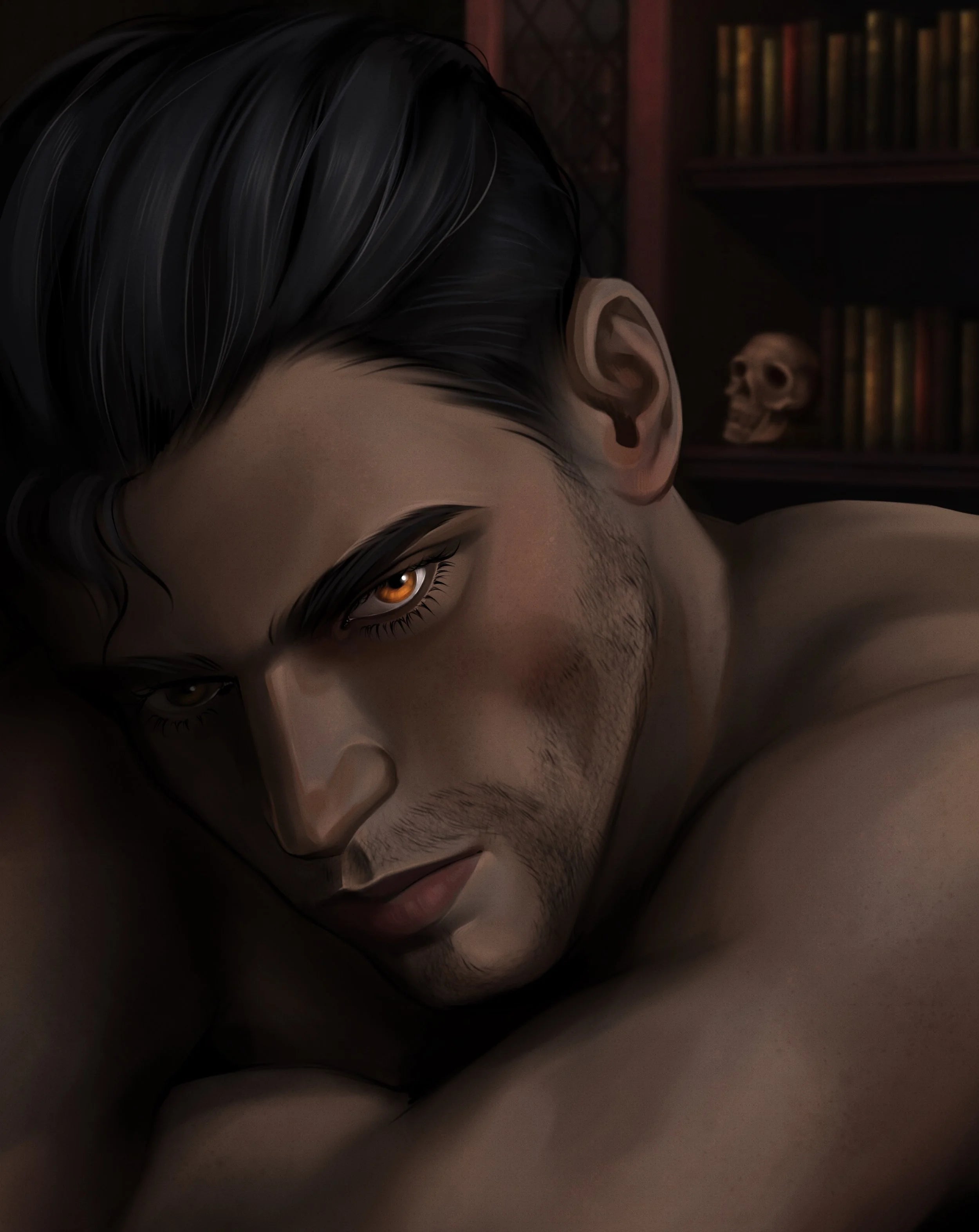 Artistic depiction of a person with dark hair and intense eyes, set against a bookshelf background.