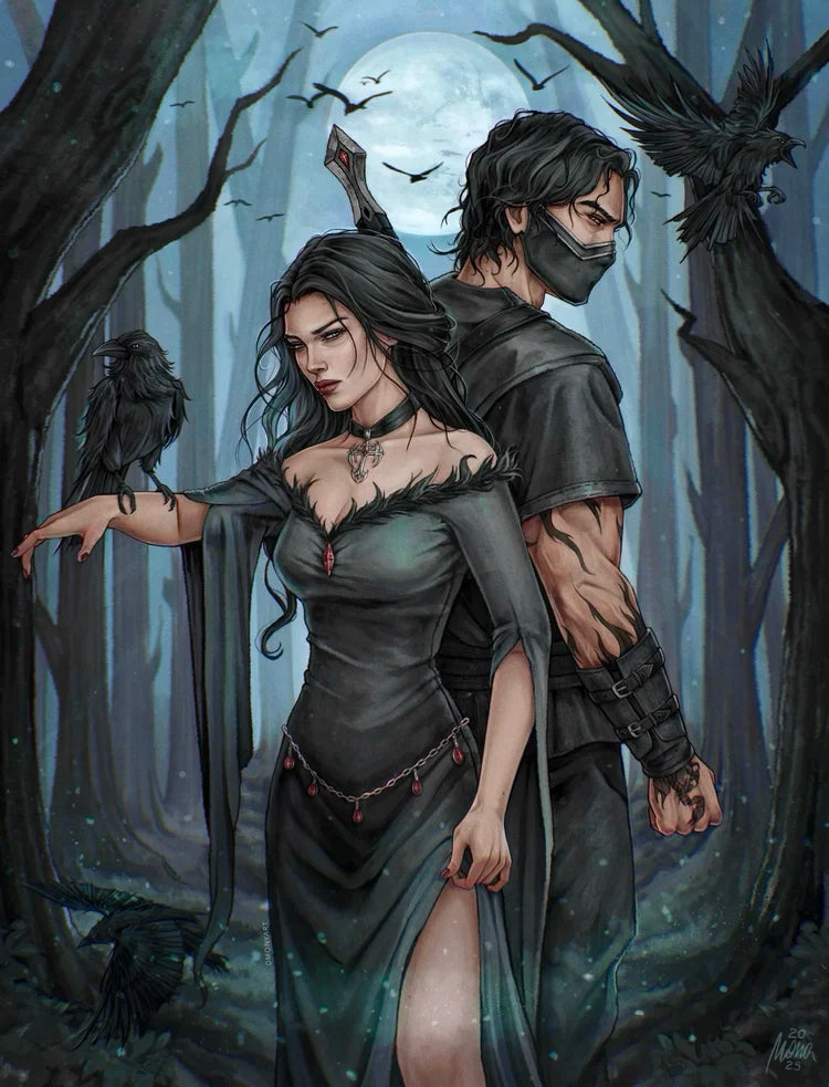 Artistic illustration of a woman and a man in a forest setting with crows.