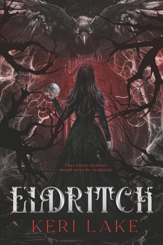 Book cover of 'Eldritch' by Keri Lake featuring a woman and bird against a red background.