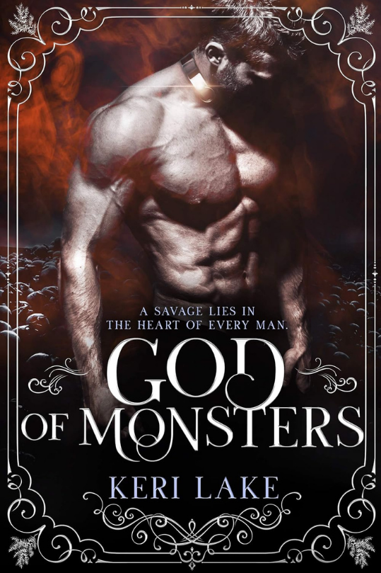 Book cover of 'God of Monsters' by Keri Lake featuring a muscular man and decorative text.