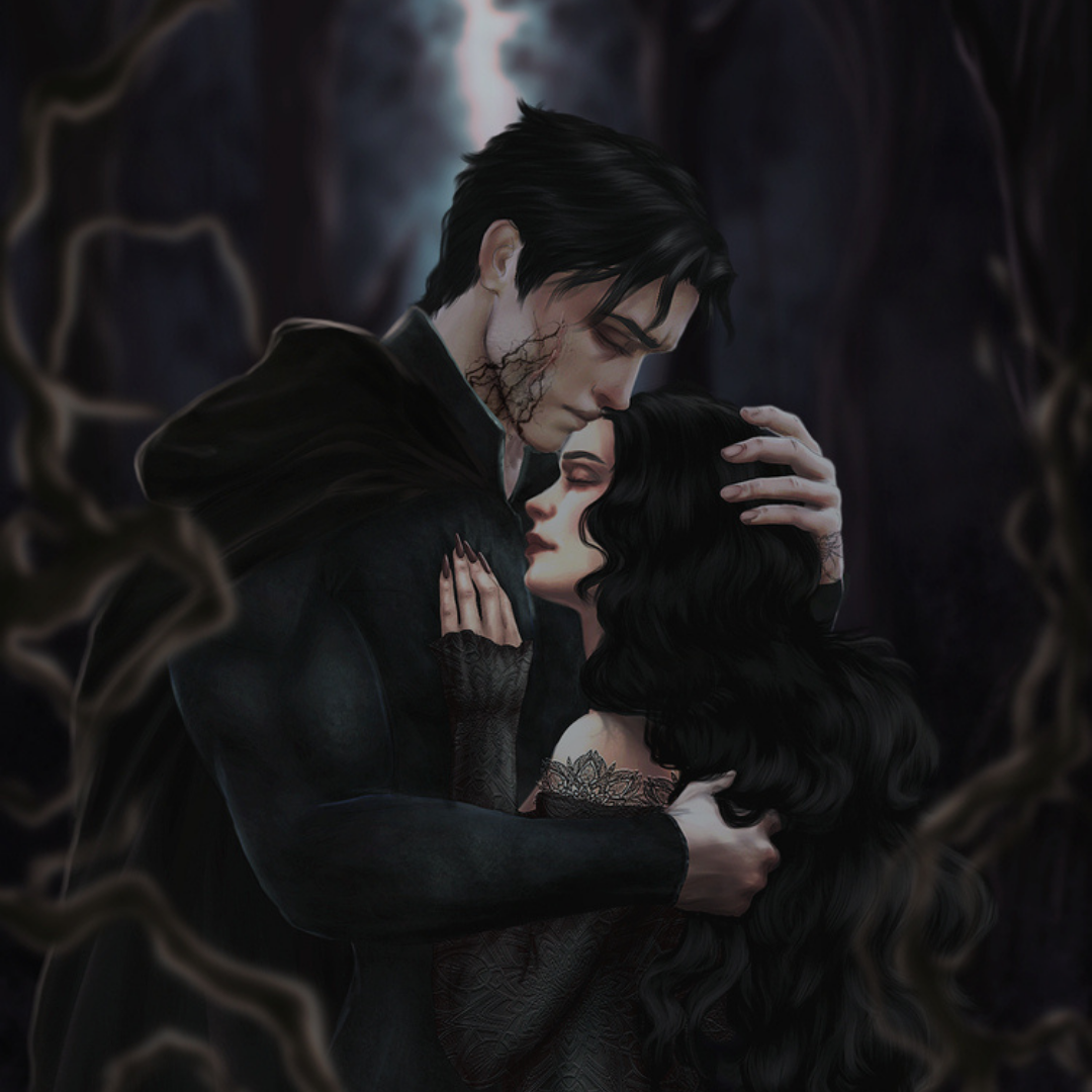 Artistic depiction of a couple embracing with a dark, mystical background