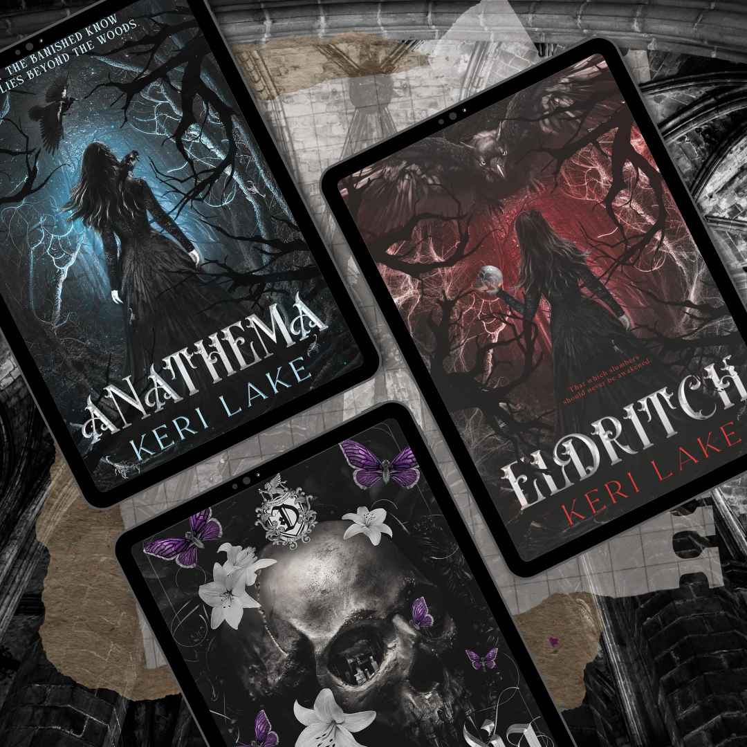 Three book covers on a textured surface with dark and eerie designs.