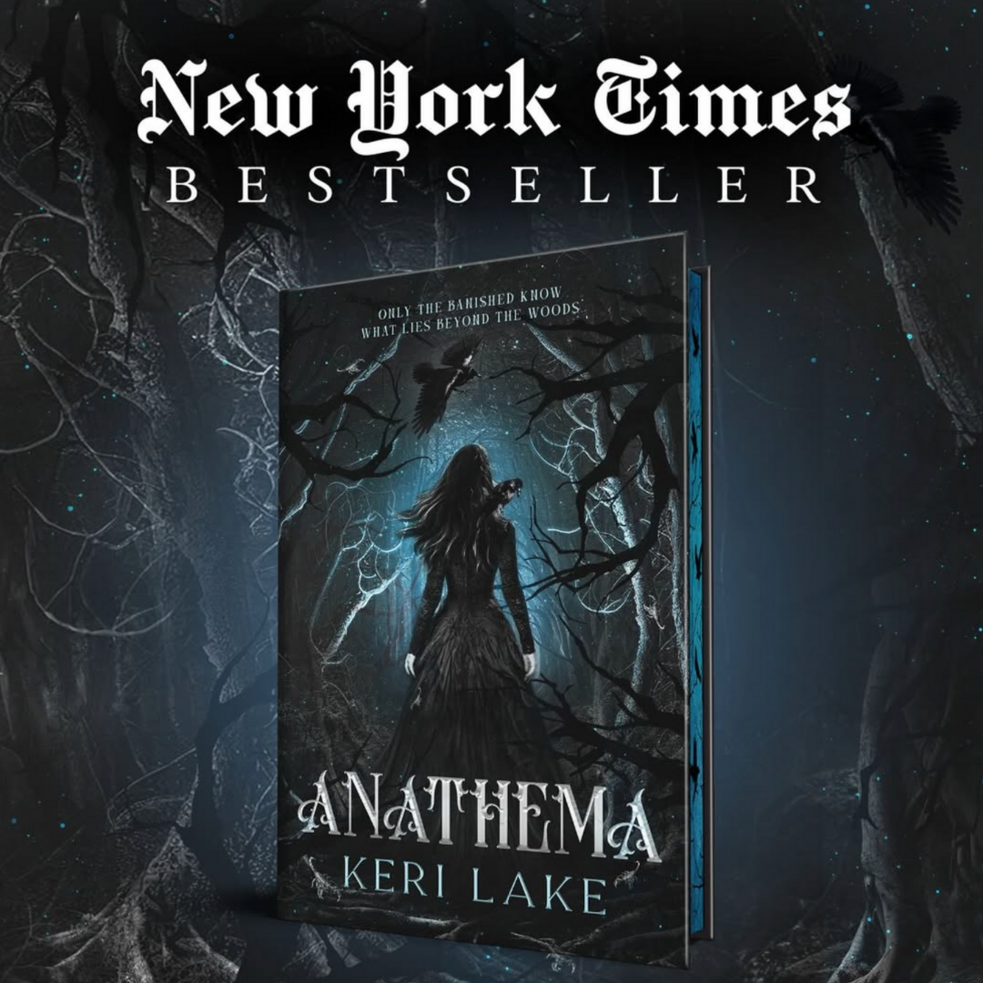 Book titled 'Anathema' by Keri Lake with a New York Times Bestseller label on a dark, forest-themed background.