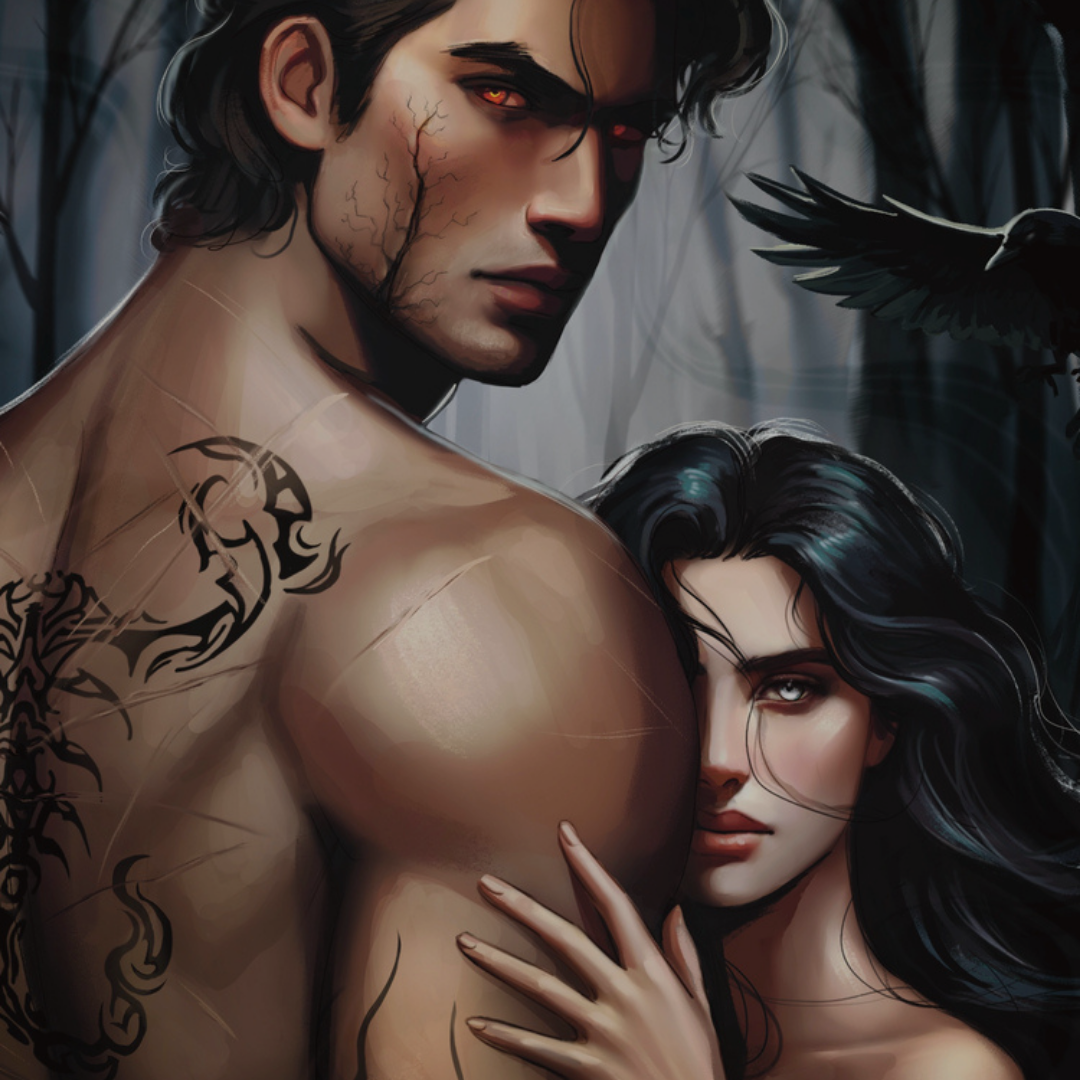 Artistic depiction of a man with tattoos and a woman in a forest setting.