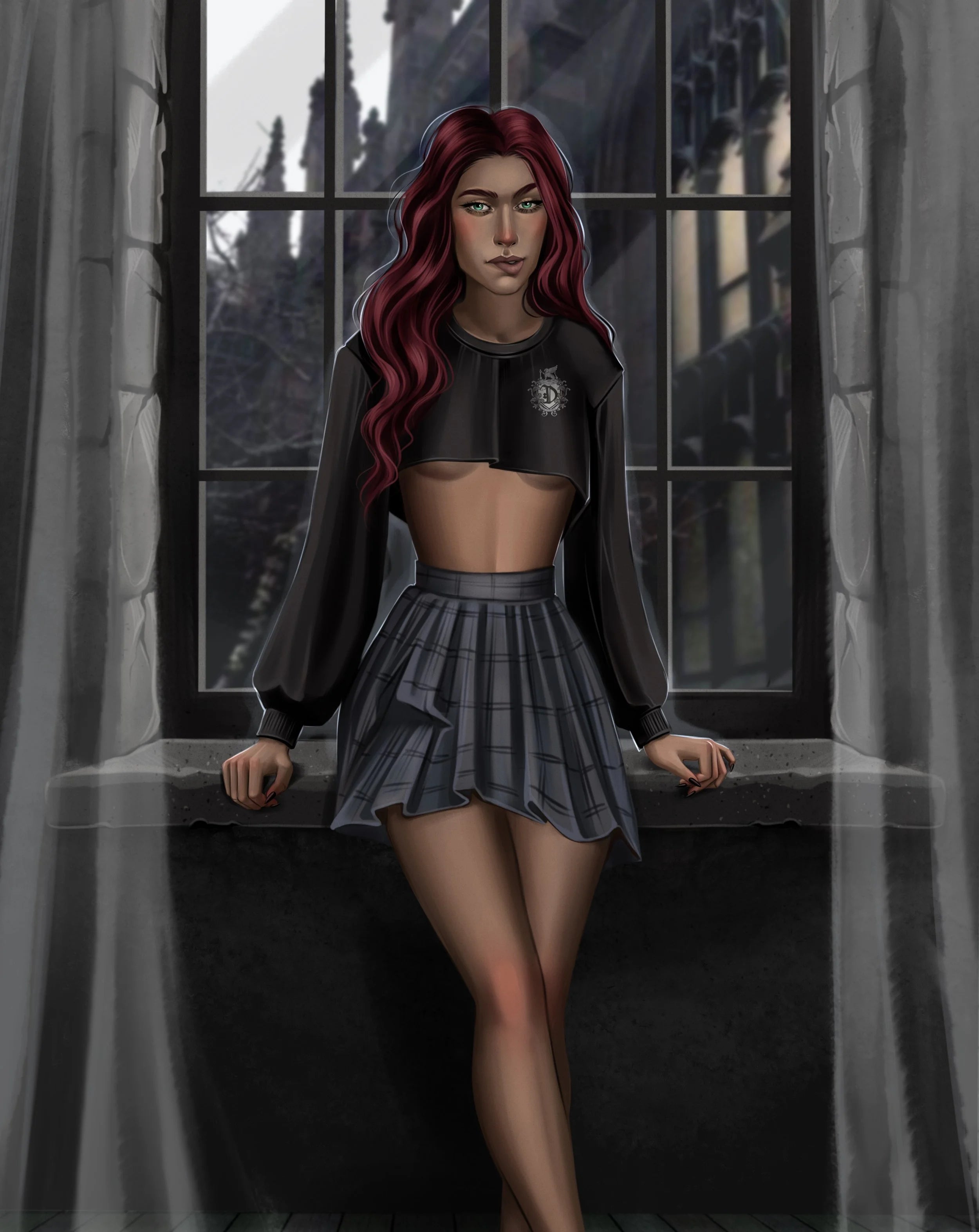 Woman in a dark outfit sitting by a window with a gothic-style building outside.