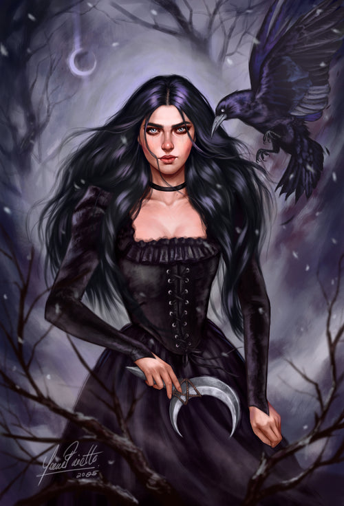 Artistic depiction of a woman with dark hair and a black dress, holding a crescent moon, with a raven perched on her shoulder.