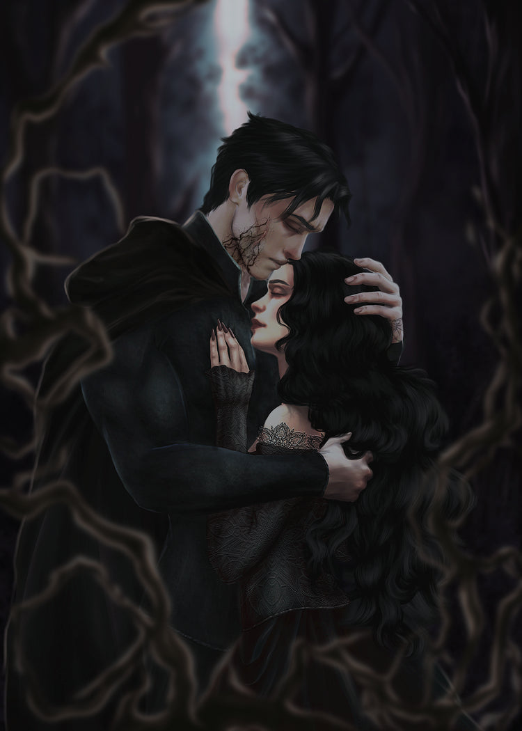 Two people embracing in a dark, moody setting with a textured background.