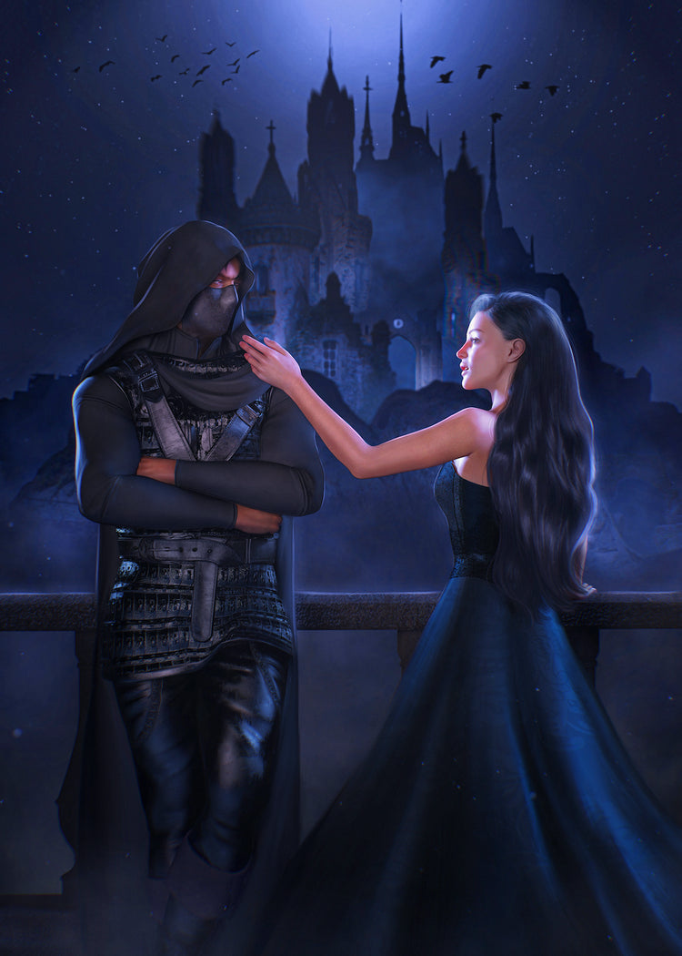Two people in dark clothing with a castle in the background under a moonlit sky