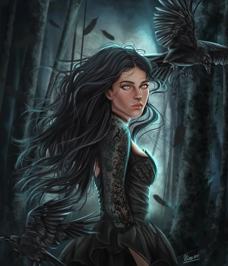 Artistic depiction of a woman with long dark hair and a raven in a mystical forest setting.