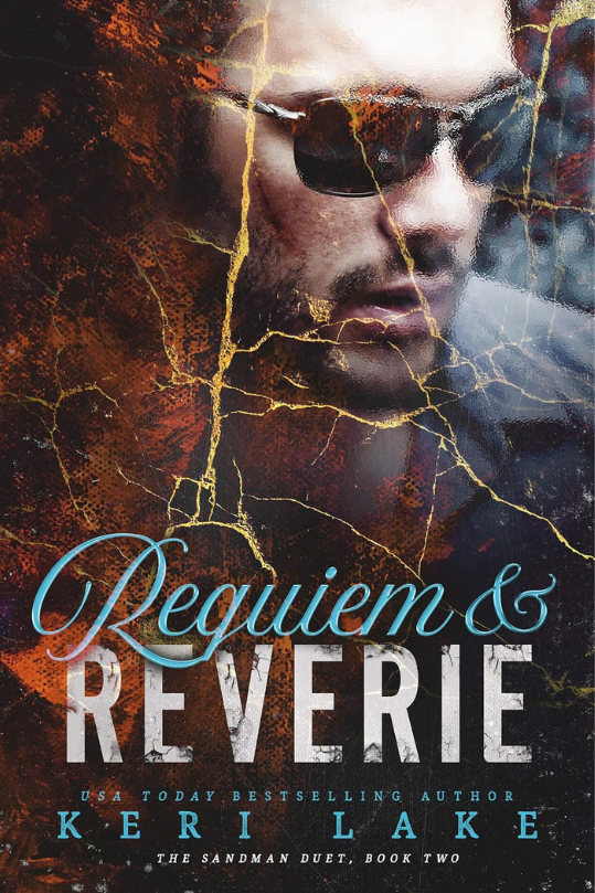Book cover of 'Requiem & Reverie' by Keri Lake with a stylized portrait and cracked texture.