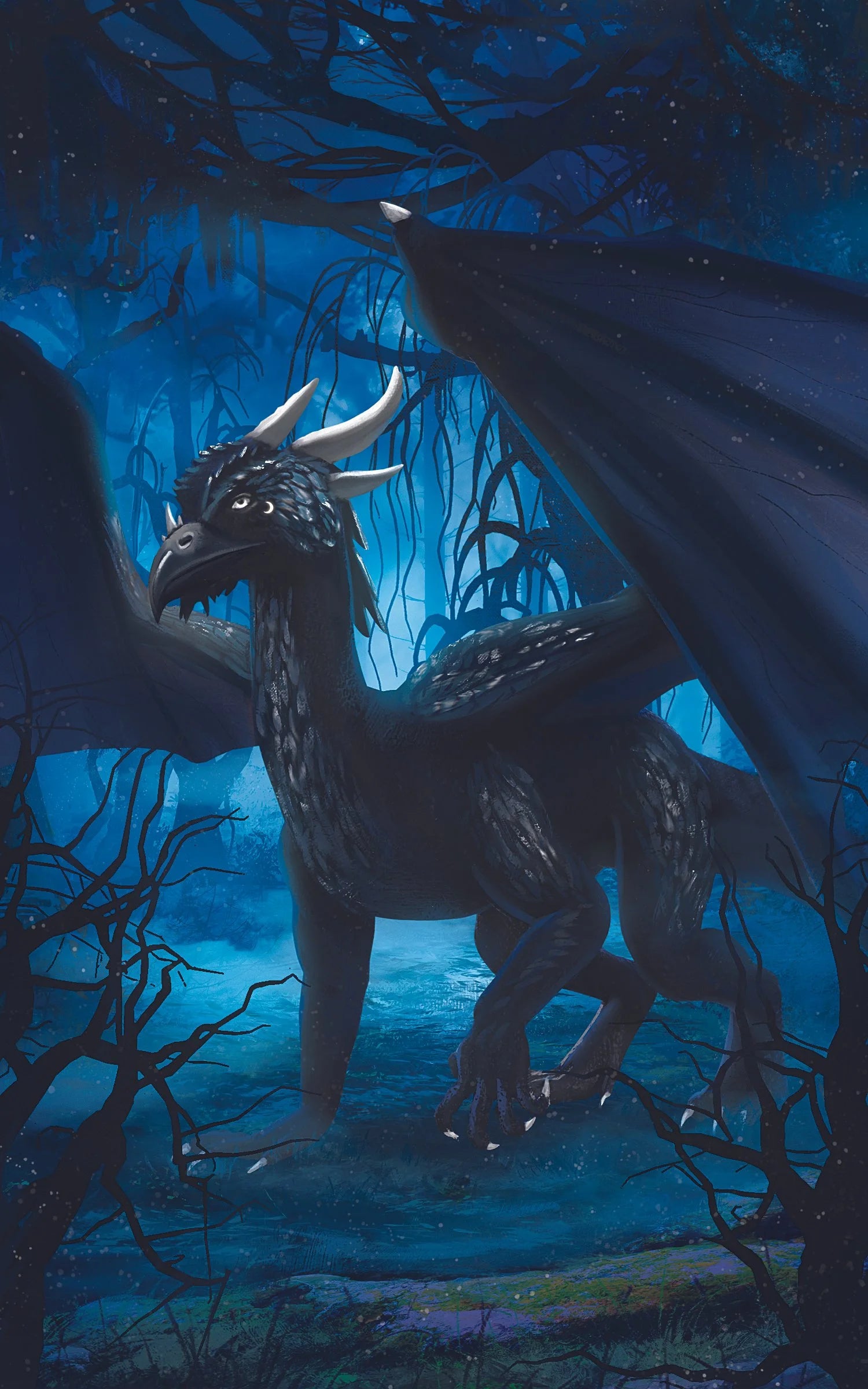 Winged Raivox in a dark forest with blue lighting