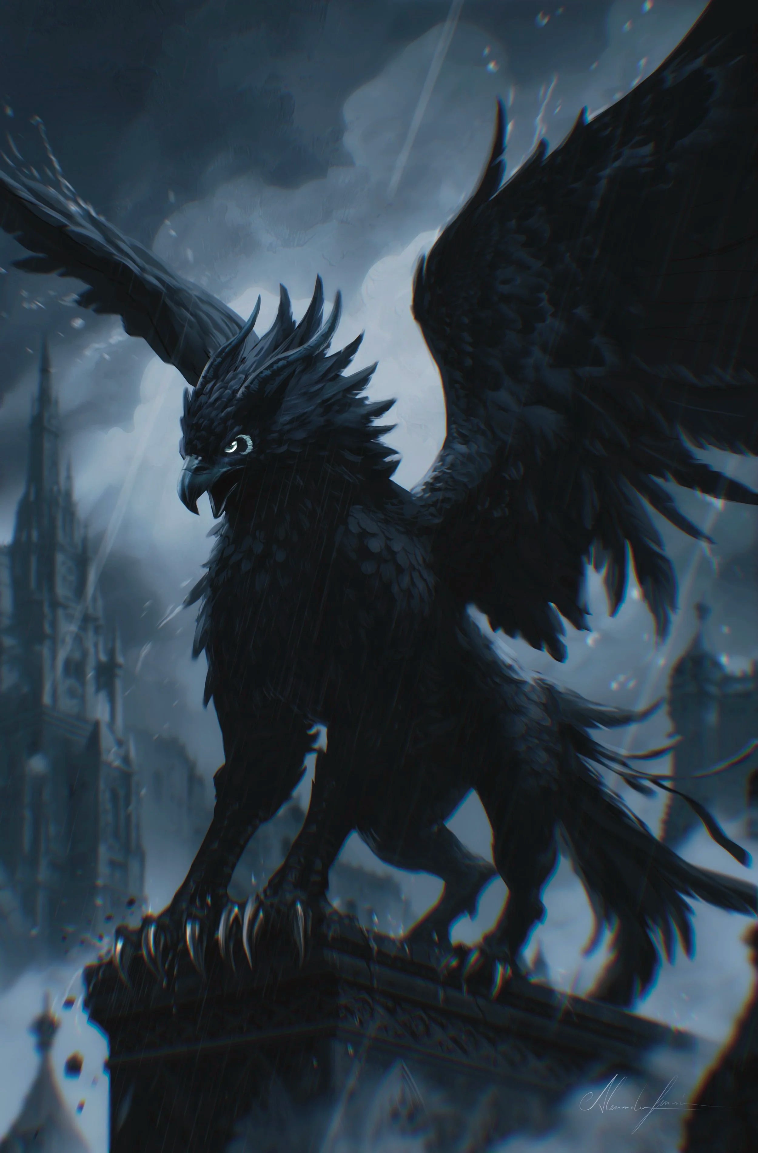 Dark fantasy creature with wings in a misty, gothic setting