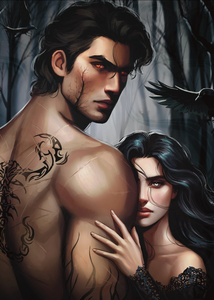 Artistic depiction of a man with tattoos and a woman in a dark setting