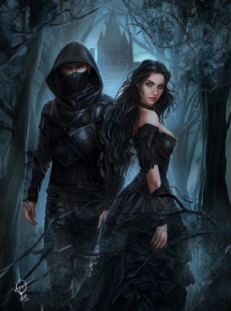 Two characters in dark, fantasy attire standing in a forest with a castle in the background.