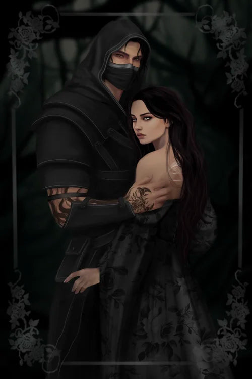 Artistic depiction of a hooded figure embracing a woman with dark hair and tattoos.