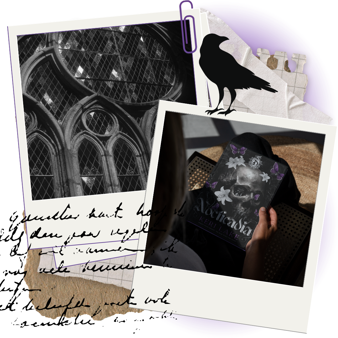 Collage of a gothic-style window, a silhouette of a bird, and a person holding a book with a dark cover.