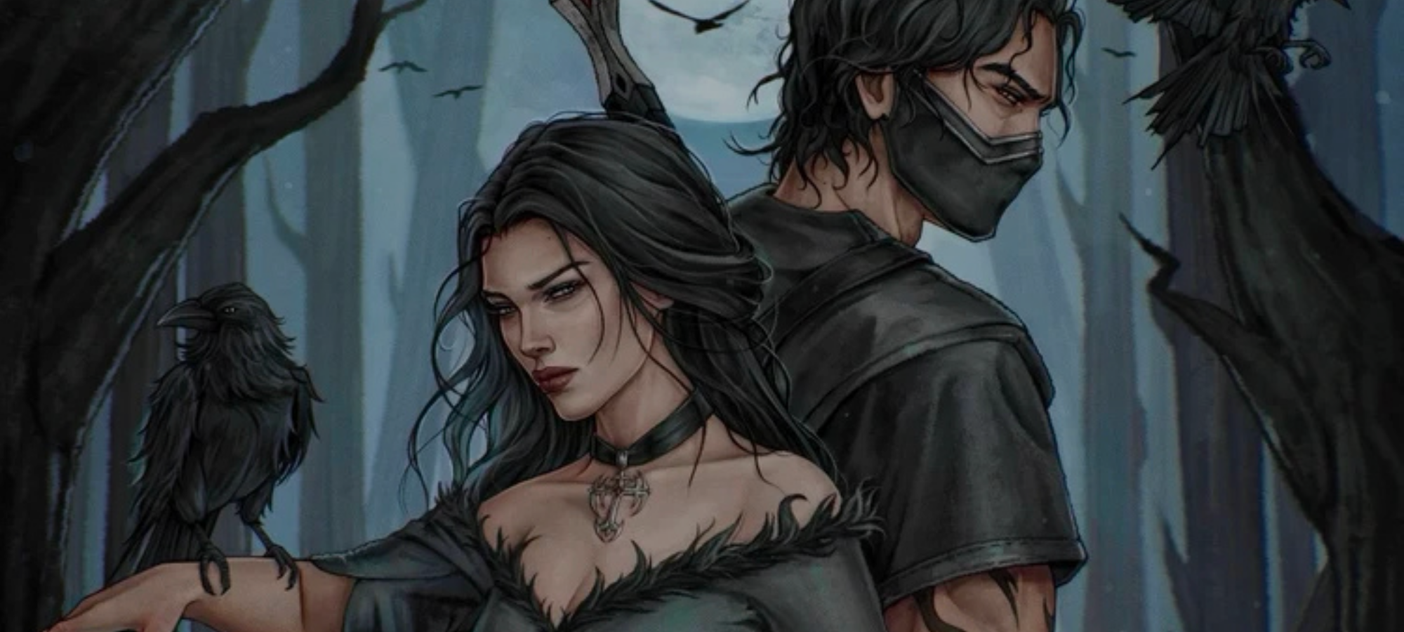 Illustration of a man and woman in dark clothing with crows in a forest setting