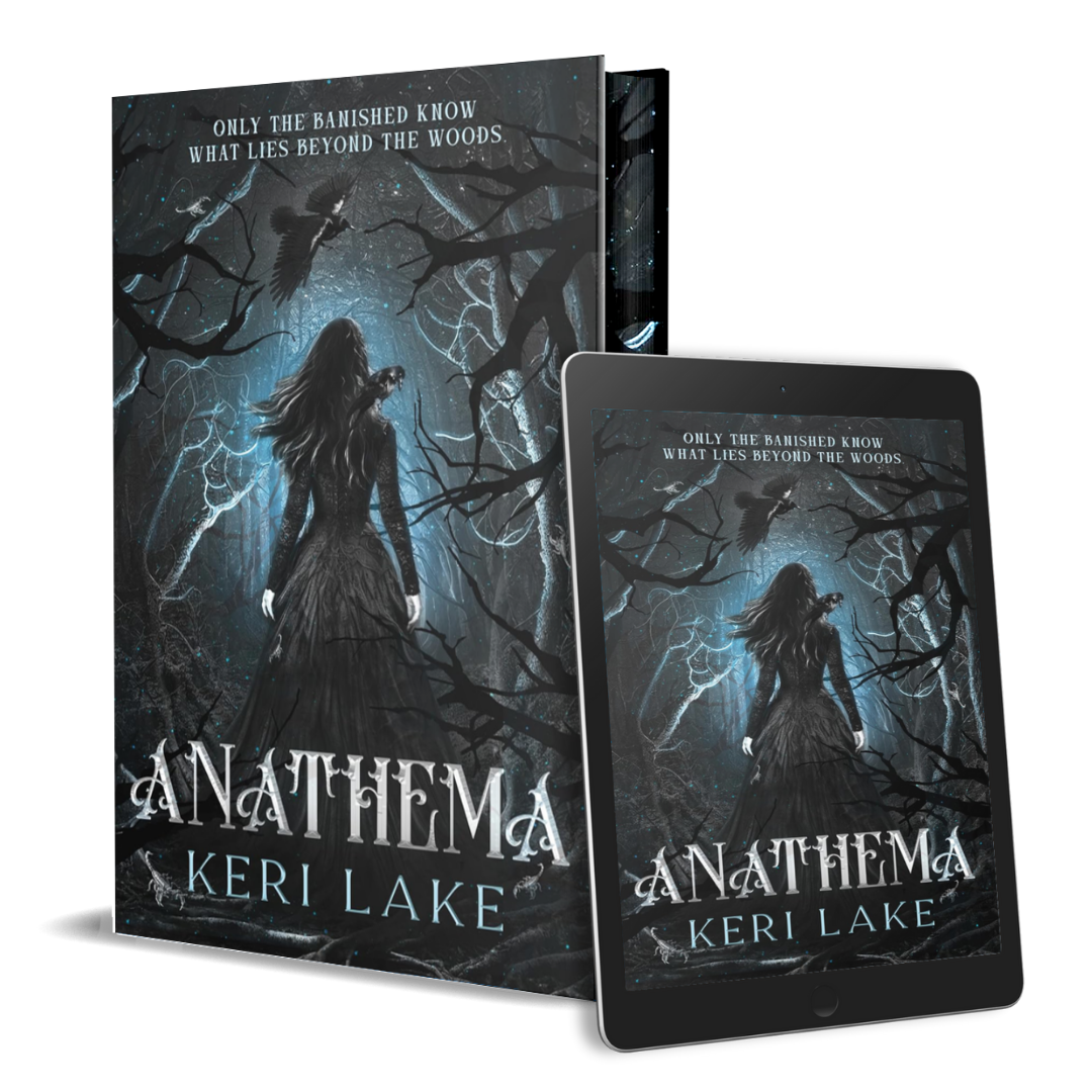 Book cover and digital version of 'Anathema' by Keri Lake with a dark, eerie forest design.