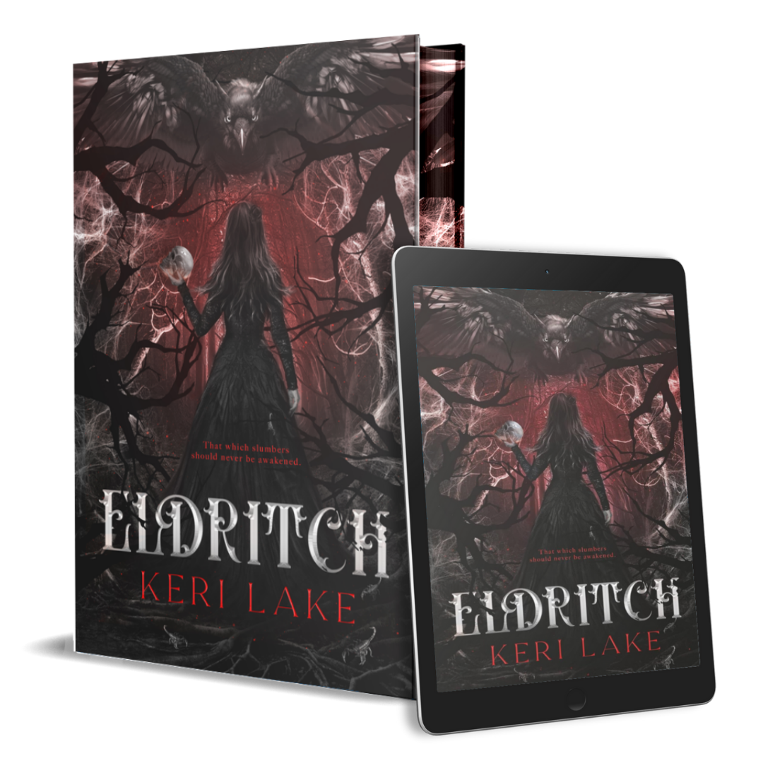 Book cover and digital version of 'Eldritch' by Keri Lake on a white background