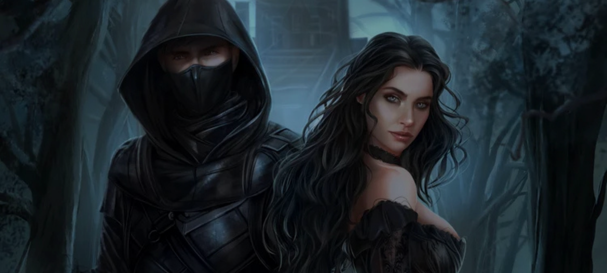 Two characters in dark, hooded attire standing in a forest setting