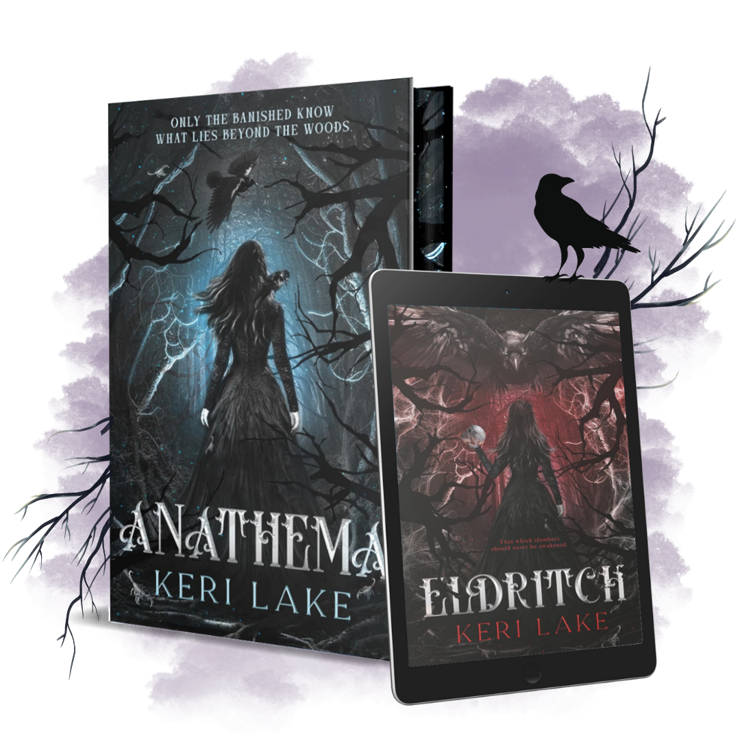 Two books titled 'Anathema' and 'Eldritch' by Keri Lake with a dark, forest-themed cover design.