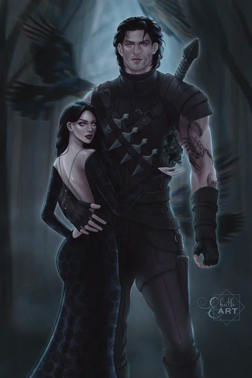 Artistic depiction of a man and woman in dark, possibly fantasy-themed attire with a blurred background.
