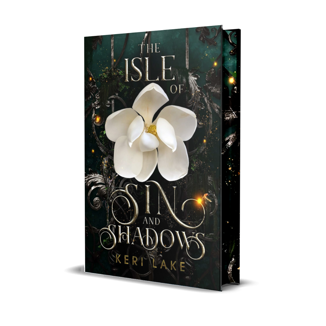 Book cover of 'The Isle of Sin and Shadows' with a white flower on a dark background