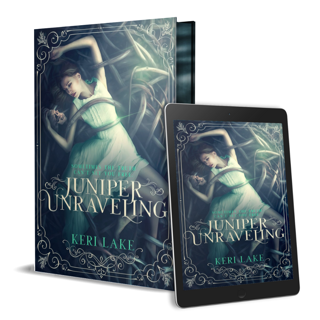 Book cover of 'Juniper Unraveling' by Keri Lake displayed on a tablet and physical book.