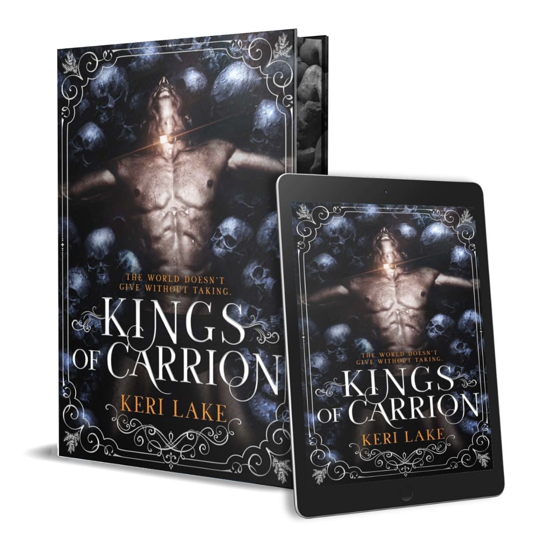 Book cover of 'Kings of Carrion' by Keri Lake with a digital version on an e-reader.