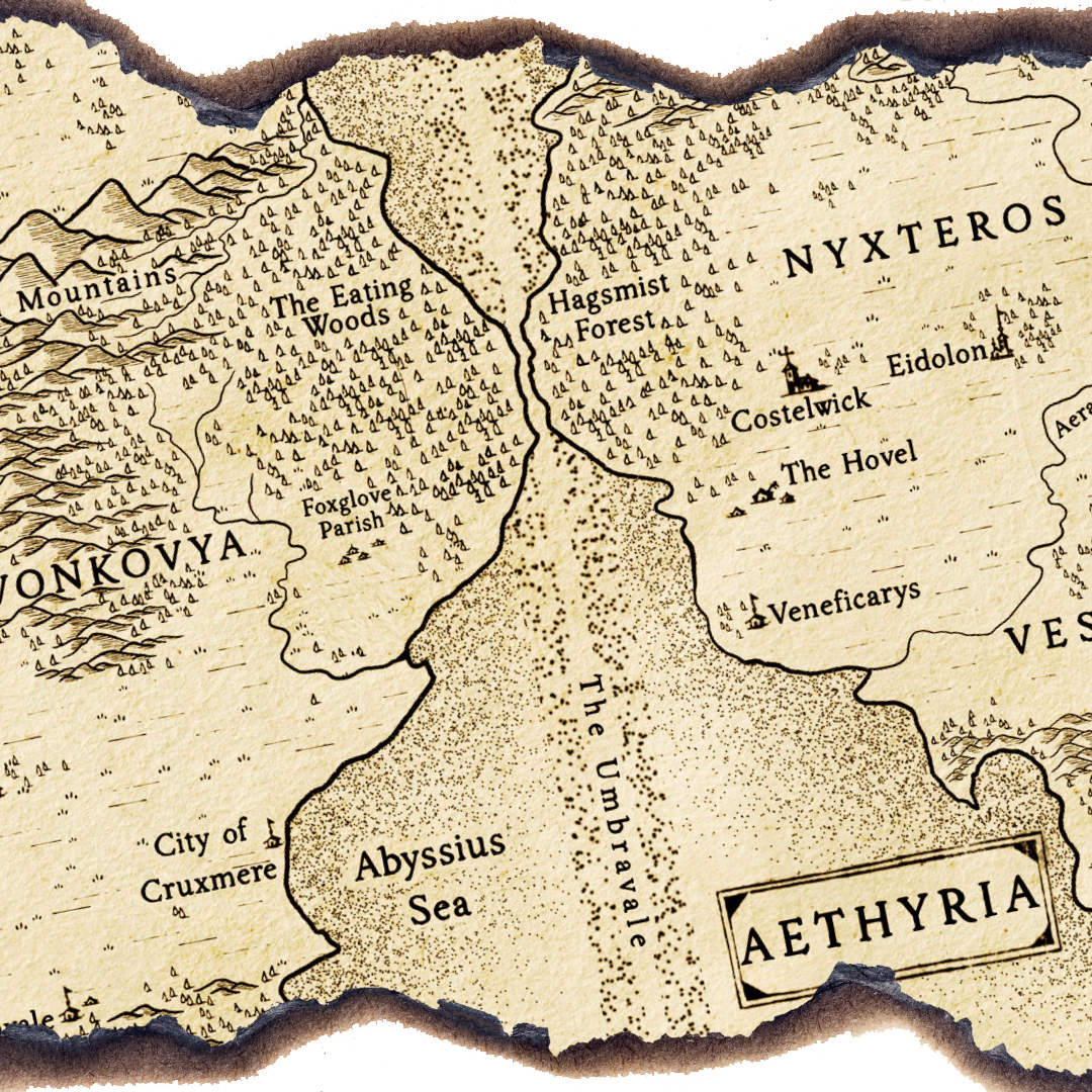 Vintage-style map of Aethyria with place names