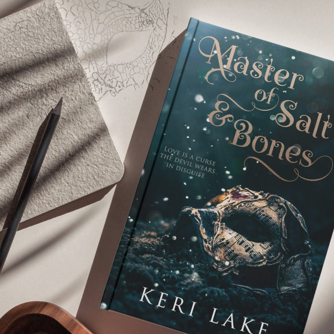 Book titled 'Master of Salt Bones' by Keri Lake on a surface with a pen and map.