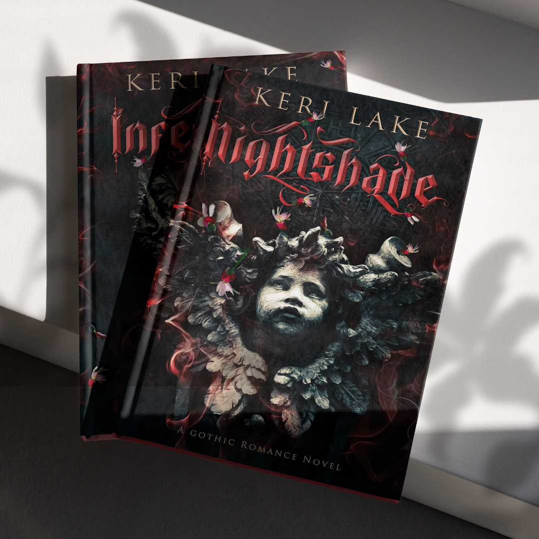 Two books titled 'Infernium' and 'Nightshade' by Kerri Lake on a gray surface with light shadows.