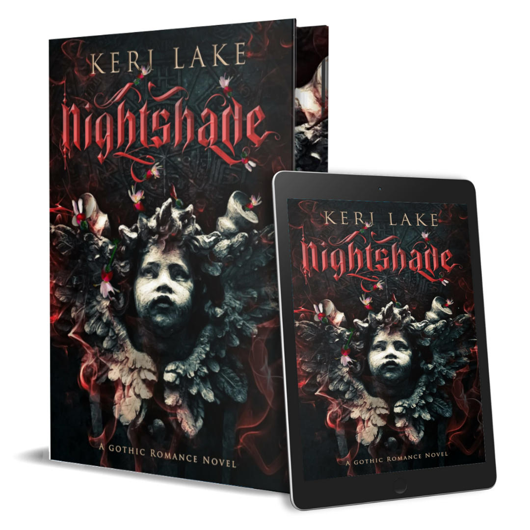 Book and tablet displaying the cover of 'Nightshade' by Keri Lake on a white background