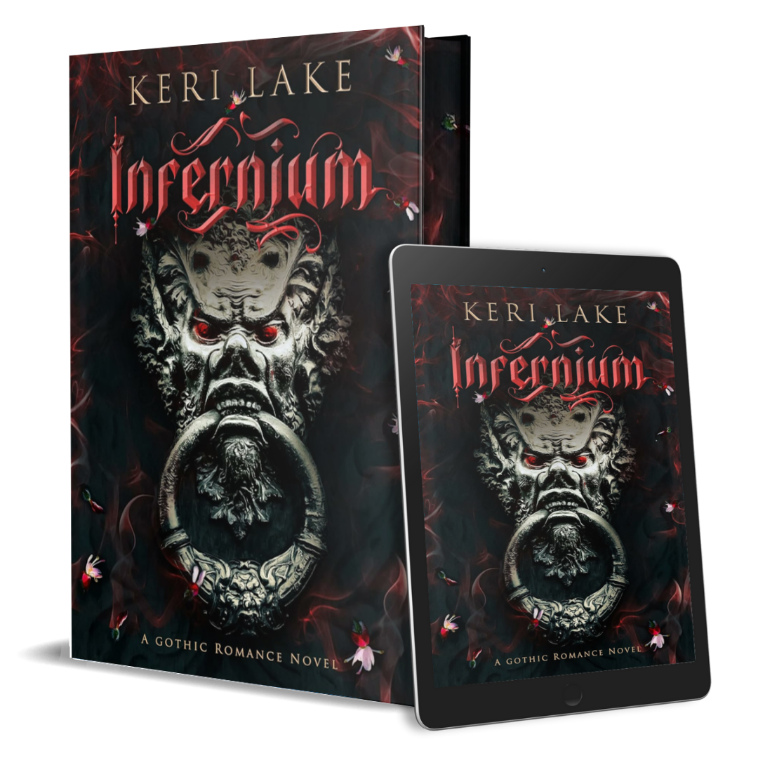 Book and tablet displaying 'Infernium' by Keri Lake with a dark, gothic design.