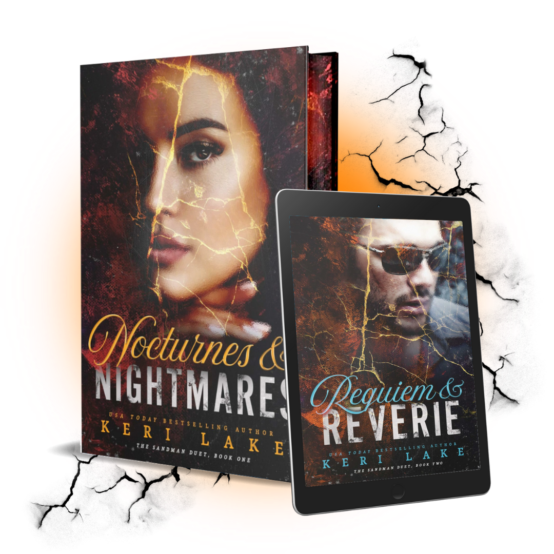 Book cover and tablet with 'Nocturnes & Nightmares' and 'Requiem & Reverie' by Keri Lake on a white background.