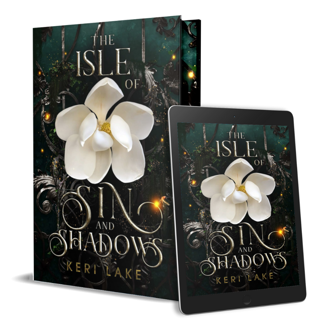 Book and tablet displaying 'The Isle of Sin and Shadows' by Keri Lake with a white flower graphic.