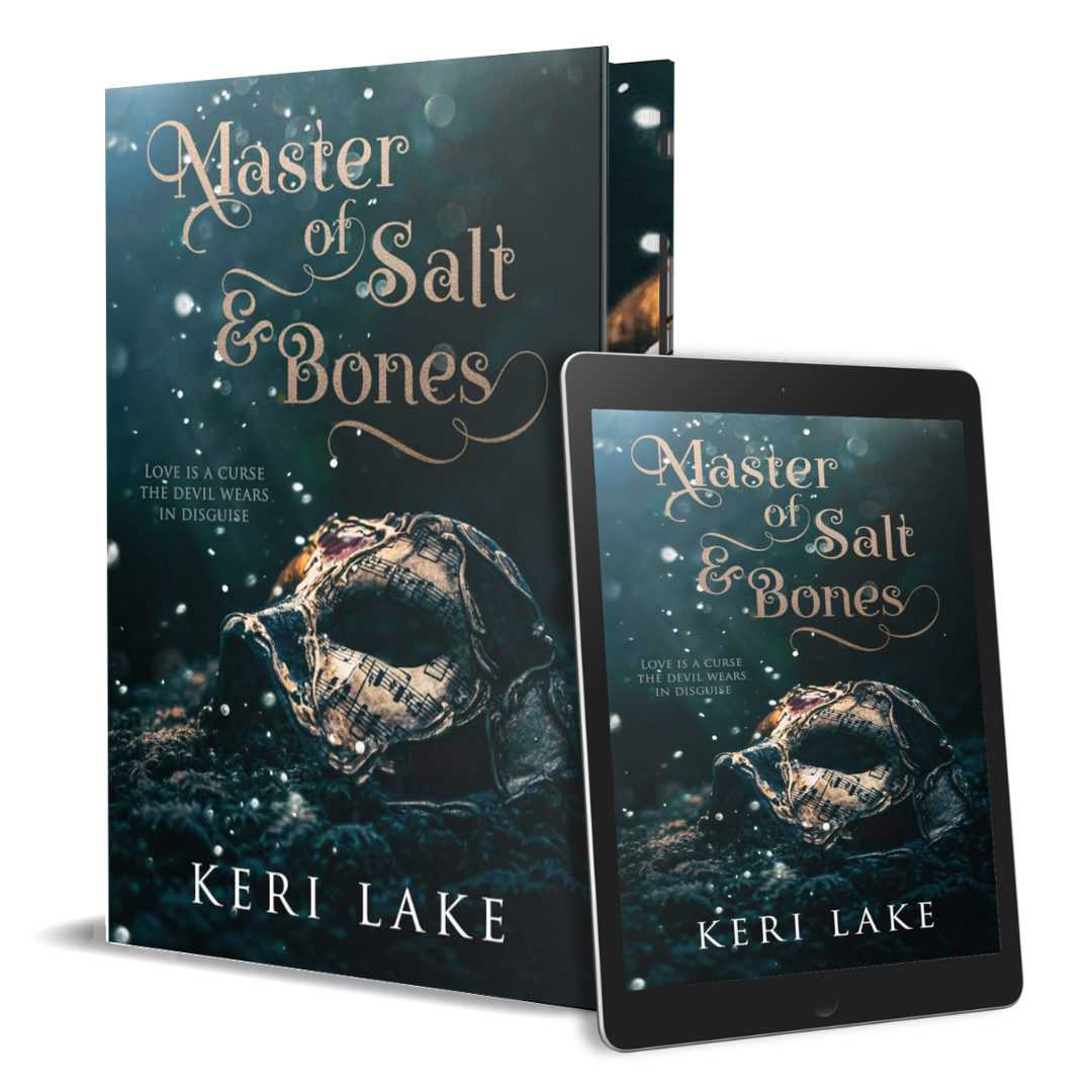 Book cover of 'Master of Salt & Bones' by Keri Lake with a digital version on a tablet.