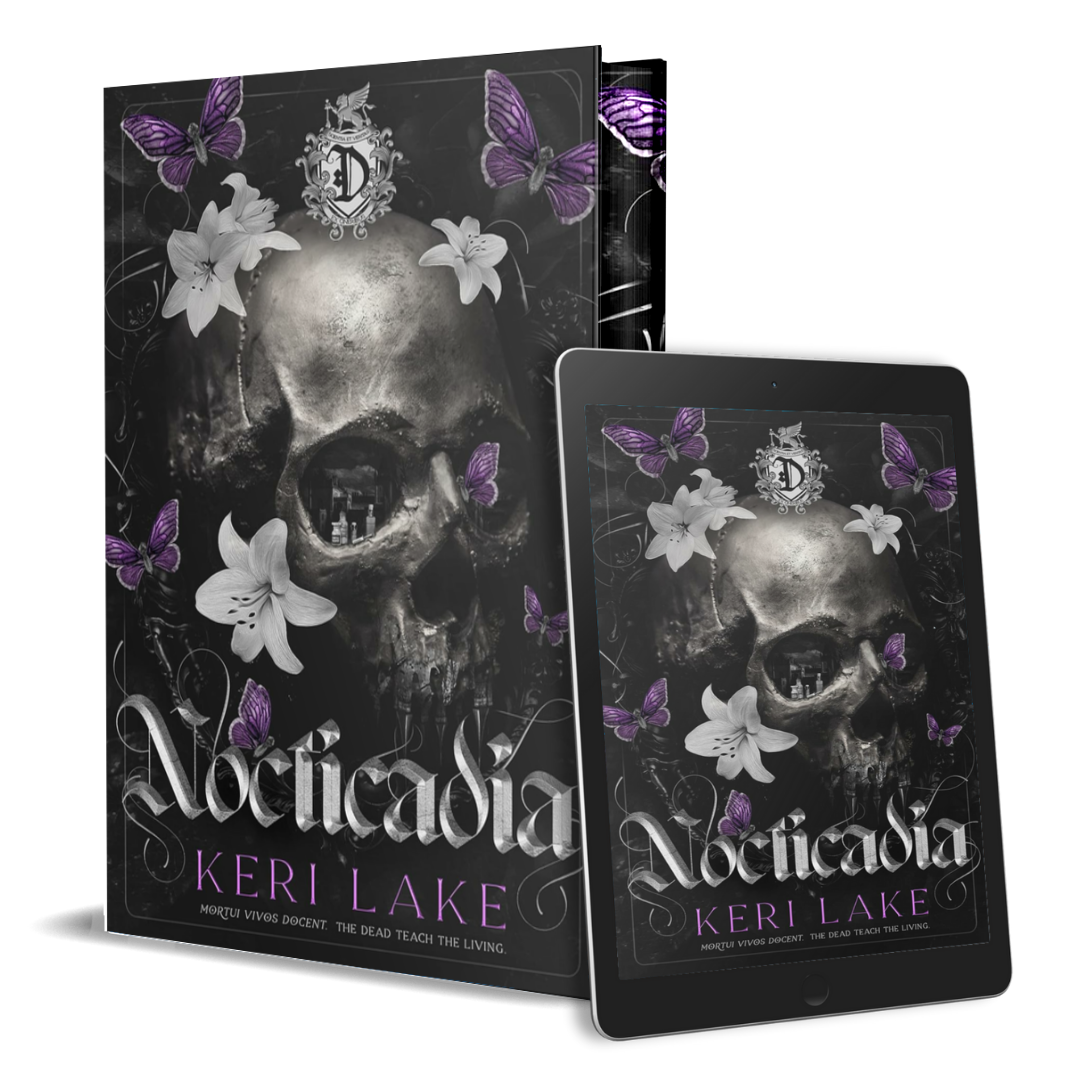 Book cover of 'Nocticadia' by Keri Lake with skull, flowers, and butterflies on a dark background.