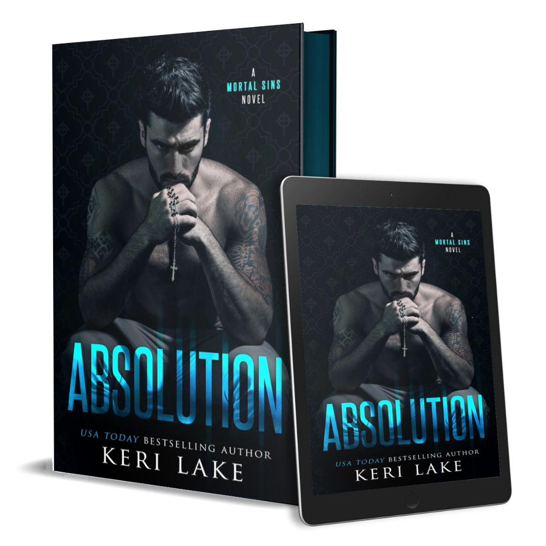 Book and tablet displaying 'Absolution' by Keri Lake with a dark cover and blue text.
